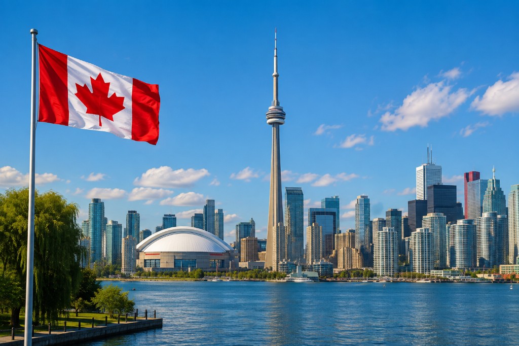 Toronto skyline with CN Tower and Canadian flag